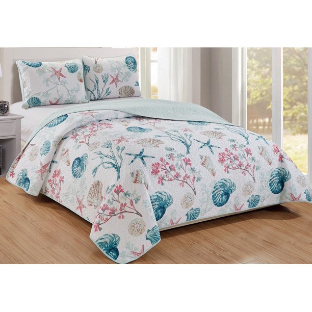 Panama Jack Sea Shore Sea Shells Quilt Set King White/blue/pink/beige