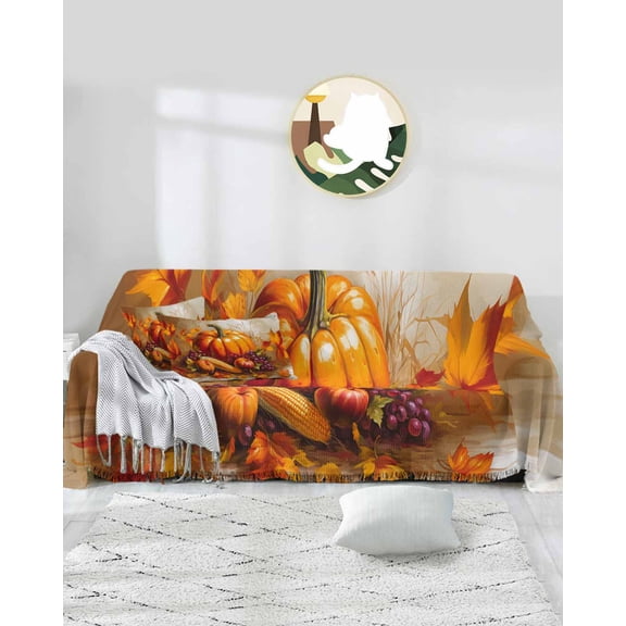 Fall Orange Pumpkin Sofa Covers for 3 Cushion Couch,Washable Sectional & L Shape Couch Covers for Dog/Cat/Kid,Autumn Corn Grape Rice Straw Maple Leaf Non Slip Sofa Slipcover Futon Cover 71x150