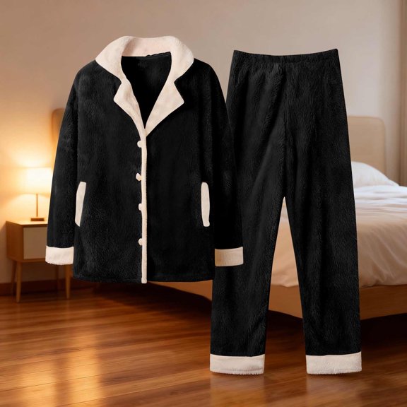 SYMOID Womens Black Fleece Pajama Set - 100% Polyester Soft Warm, Notch Collar Button Front with Pockets for Fall Winter Lounging & Sleeping,Size S