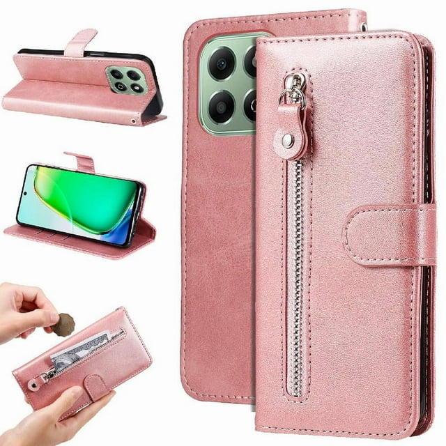 Estuche de Cuero PU con Cierre para Honor X6B 4G , Funda Protectora con Billetera y Correa
