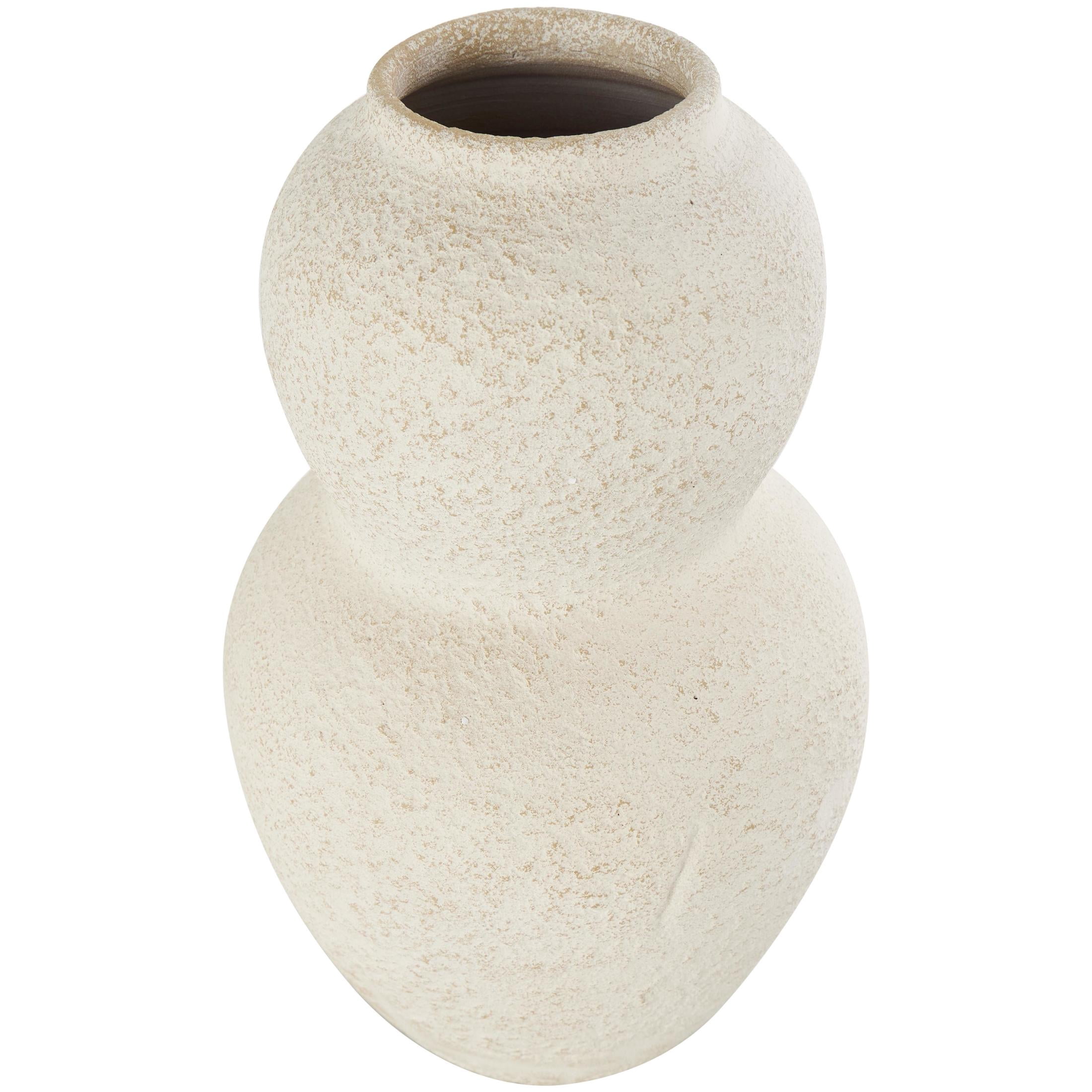 DecMode 15" Hourglass Textured Cream Ceramic Vase with Brown Distressing