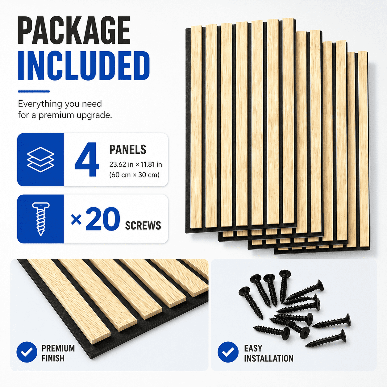 Yeslife 4 pcs Wood Slat Acoustic Wall Panels, 11.81 in x 23.62 in, Oak MDF, 3D Decorative Sound-Absorbing Panels for Interior Walls, 7.7 sq ft