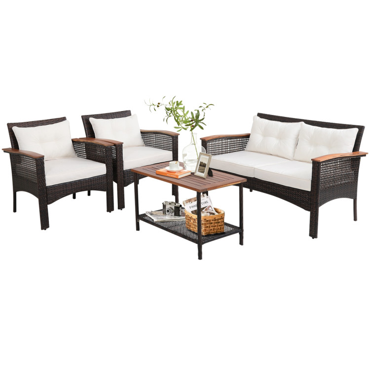 Aimee Lii 4 Pieces Patio Rattan Furniture Set with Acacia Wood Tabletop, Outdoor Patio Furniture