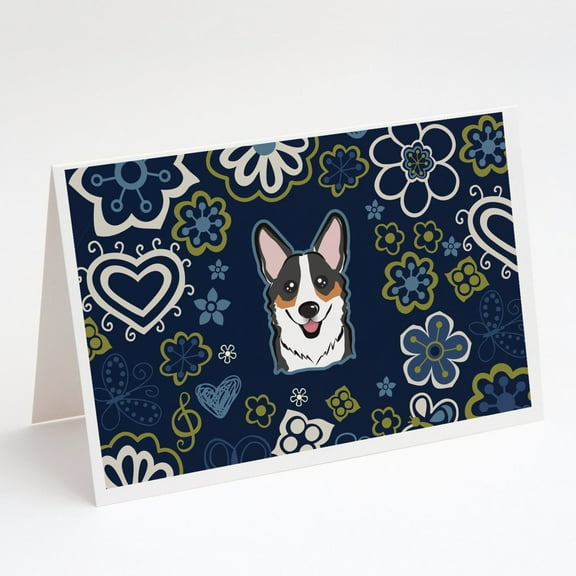 Blue Flowers Tricolor Corgi Greeting Cards and Envelopes Pack of 8