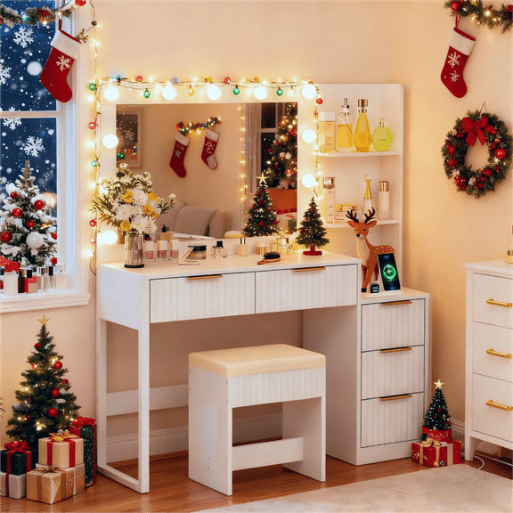 Zimtown Vanity Desk Set with Square Mirror and Charging Station, Makeup Vanity Table with 5 Drawers, Adjustable Brightness Dressing Table, White