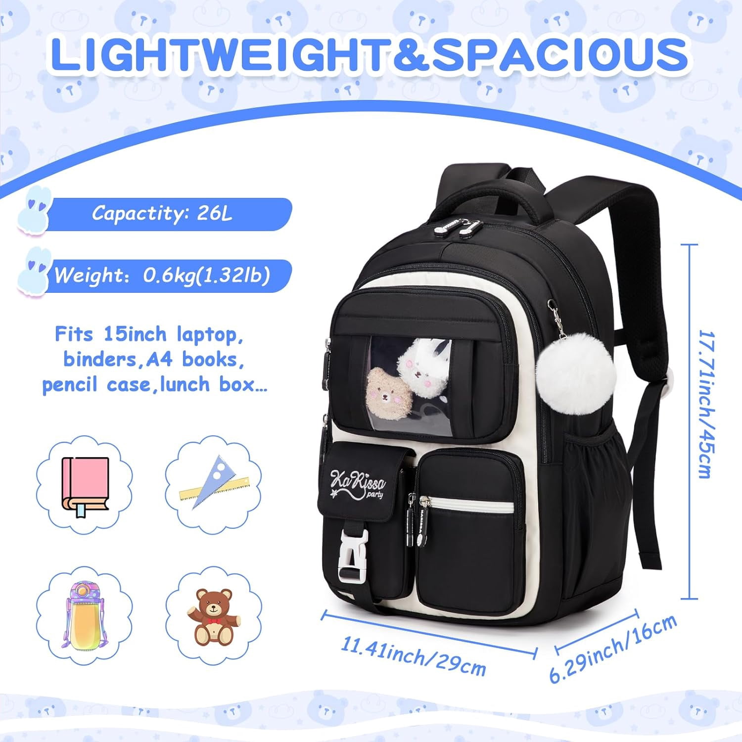Soda Candy Backpacks for Girls Kawaii Ita Kids Backpack Water Resistant Lightweigt Students Bookbag for Elementary Primary Middle School, Black