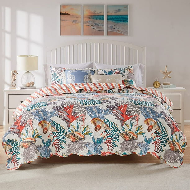 Barefoot Bungalow Atlantis Coastal Quilt Set, Coral, 5Piece Full/Queen