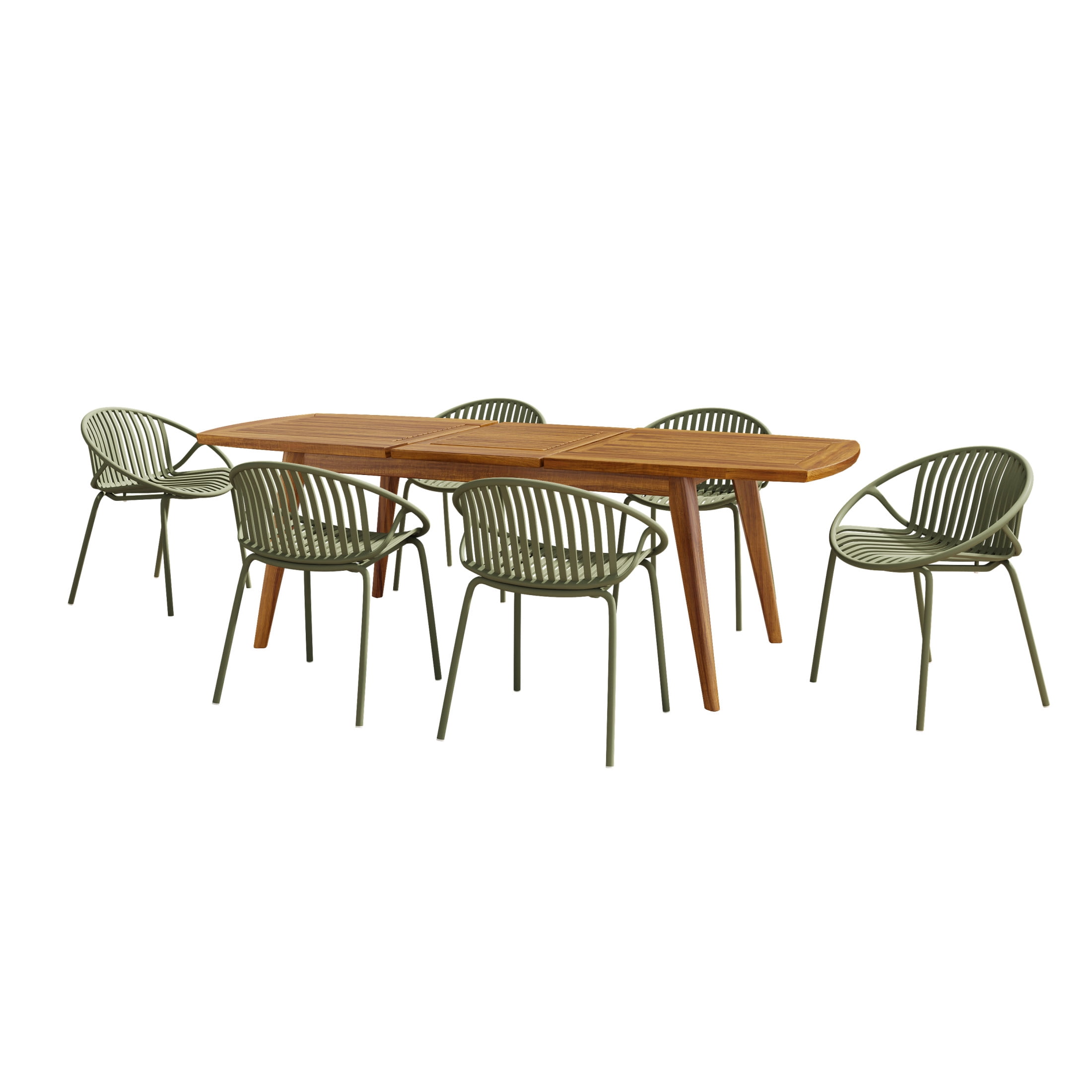 Christopher Knight Home 7-Piece Outdoor Modern Expandable Dining Table with Stackable Chairs Set, Green+Teak