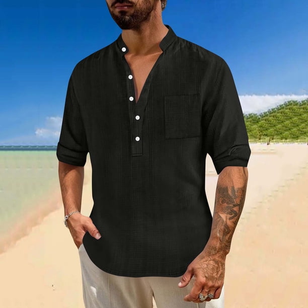 pstuiky Camisas casuales de manga larga para hombre, Camisa holgada informal con bolsillos ventilados y botones para hombre, cuello alto y mangas largas Tops de talla grande para hombre xxl
