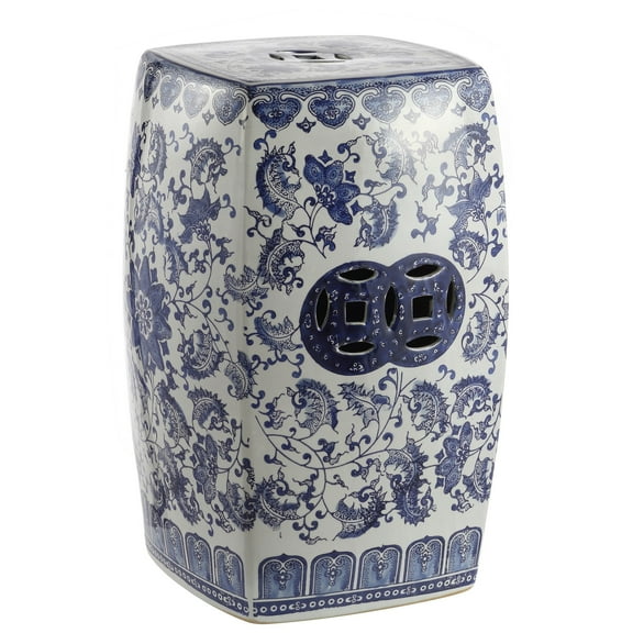 JONATHAN Y Floral Vine 18.5" Chinoiserie Ceramice Square Garden Stool, Blue/White
