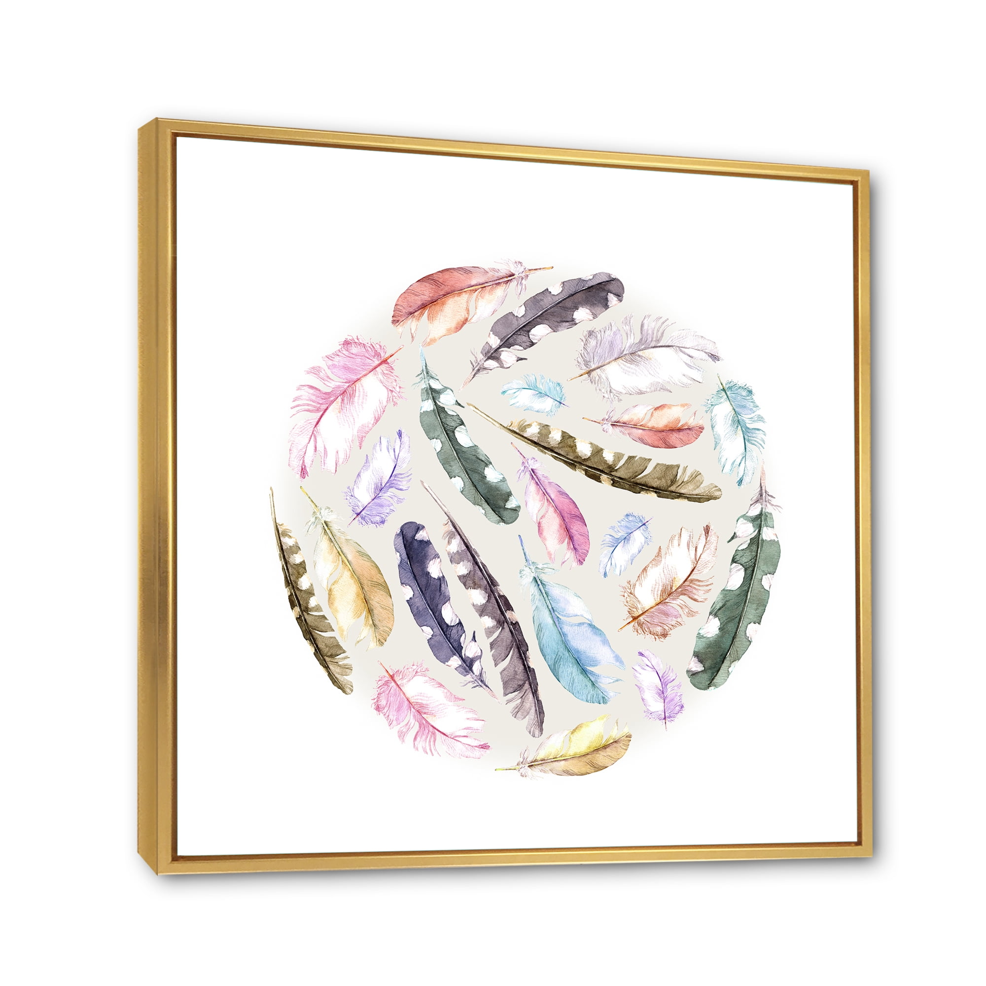 Ancient Bird Feathers In Circle 16 in x 16 in Framed Painting Canvas Art Print, by Designart