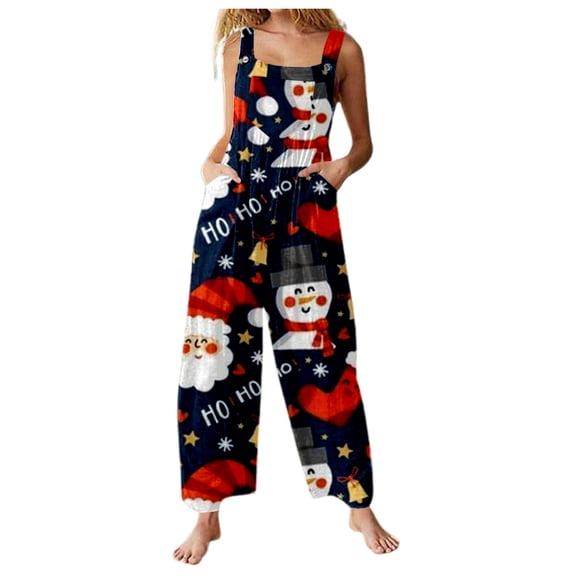 Women Christmas Outfit Stylish Women's Casual Christmas Print Jumpsuit Featuring Convenient Side Pockets For Everyday Comfort And Festive Seasonal Wear Black S