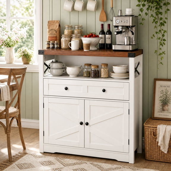 VECELO Kitchen Storage Cabinet, Farmhouse Sideboard Buffet Cabinet with 2 Drawers and 2 Doors, Coffee Bar Cabinet with Storage&Thick Tabletop for Dining Room Living Room,White
