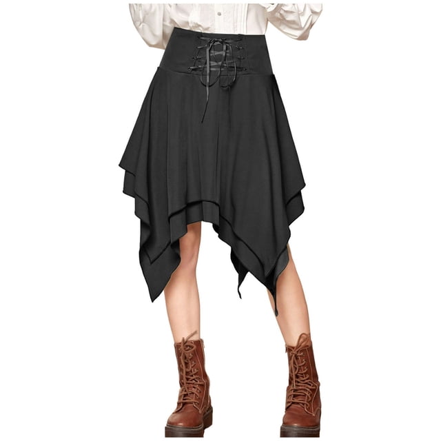 Nouvelle Jupe à Lacets Irrégulière Rétro Gothique Style Tendance d'Halloween à Bordure pour Femmes