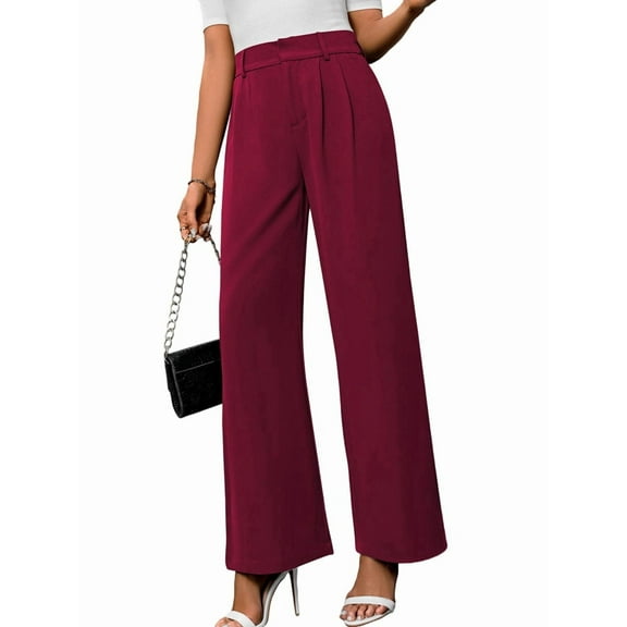 Wide Leg Stretchy Work Pants Women Pull on Dress Pants High Waisted Business Casual Trousers Slacks Wine Red M