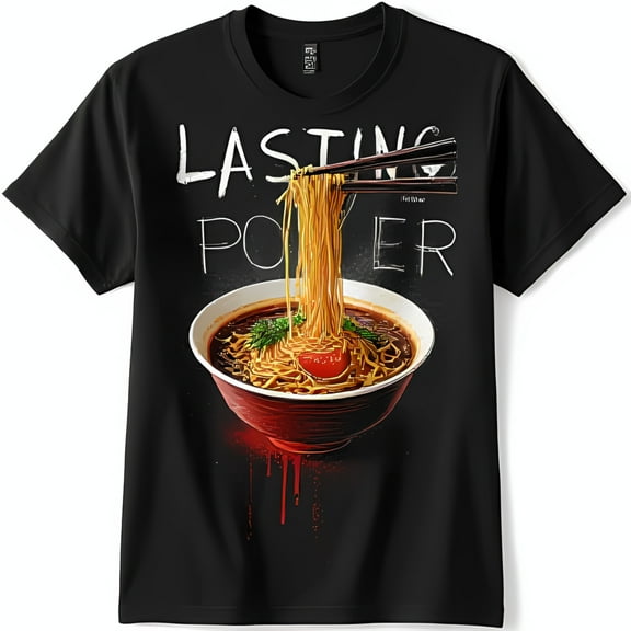 Black T-Shirt with Ramen Noodles Graphic & Lasting Power Design