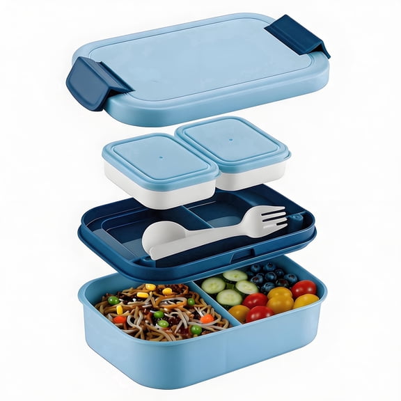 ASTOTSELL Stackable Bento Lunch Boxes, 64 oz All-in-One Bento Box Leak-Proof Lunch Boxes with Utensil Sauce Containers, BPA-Free, for Adults & Teens - Blue