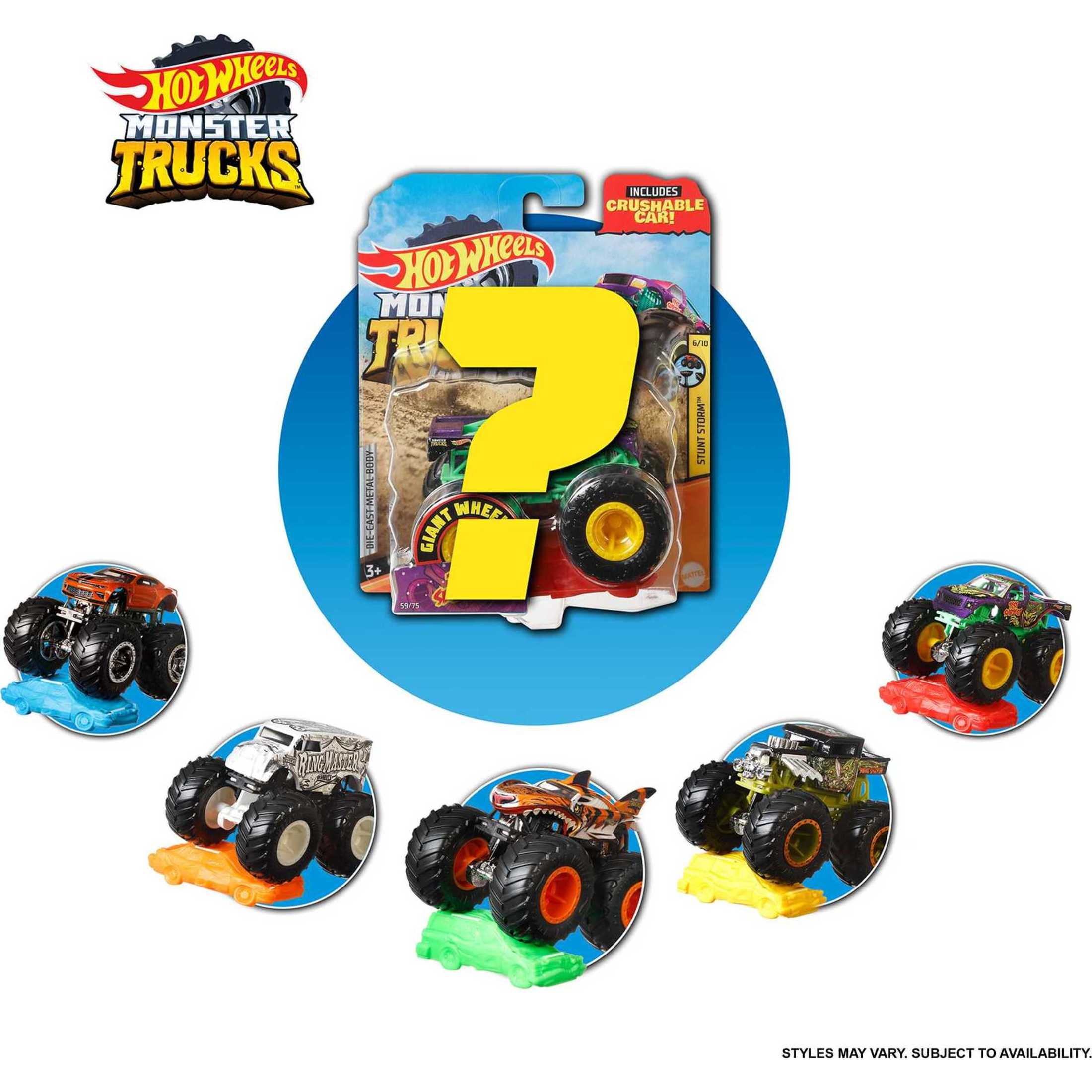 (2 pack) Hot Wheels Monster Trucks, 1:64 Scale Toy Truck & 1 Crushable Car (Styles & Colors May Vary, Items May Not Be Pictured)