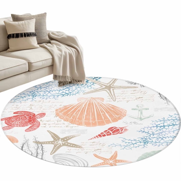 Orange Red Blue Coastal Nautical Round Area Rug 4 FT, Non Slip Indoor Outdoor Rug, Beach Sea Turtle Ocean Coral Starfish Washable Circular Carpet Floor Mat for Coffee Table Nursery Foyer Balcony