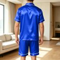 thumbnail image 4 of Men Satin Pajama Set Sleepwear for Man Summer Short Sleeve Button-Down Shirt & Shorts Pajamas 2 Piece Home Clothes Short Suit Royal Blue 2XL, 4 of 6