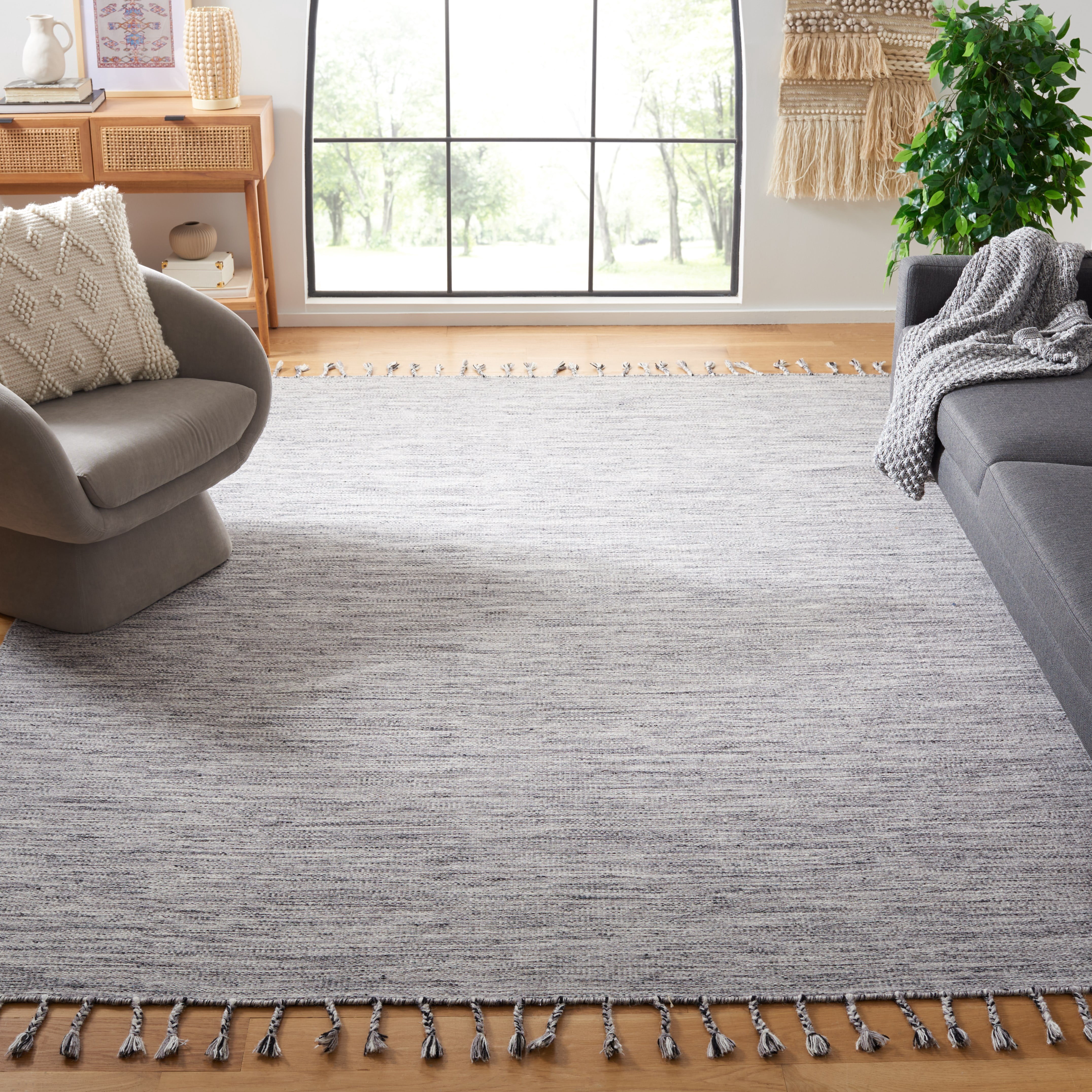 SAFAVIEH Dhurries Ksenija Solid Wool Area Rug, Dark Grey/Beige, 8' x 10'