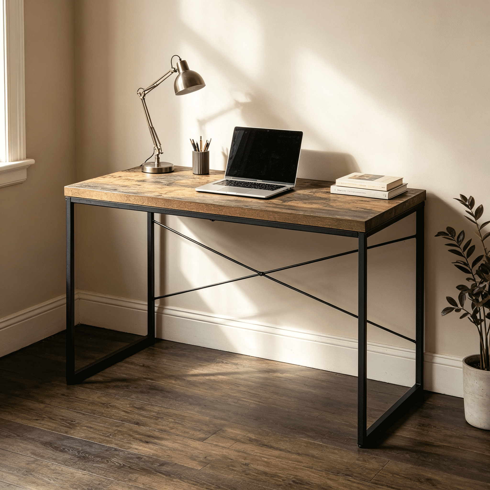 Astoutdoor Industrial Writing Desk, Weathered Oak Finish, Black Metal Frame