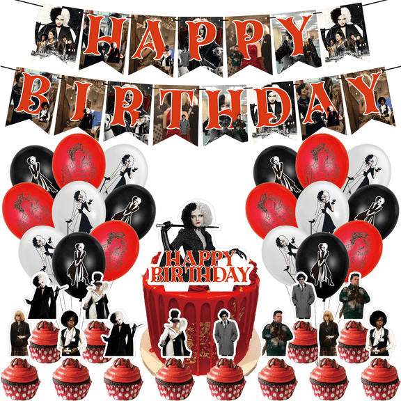 32 PCS For Cruella Birthday Party Decorations, With 1 Happy Birthday Banner Garland, 18 Balloons,13 Cupcake Toppers for decorative supplies set
