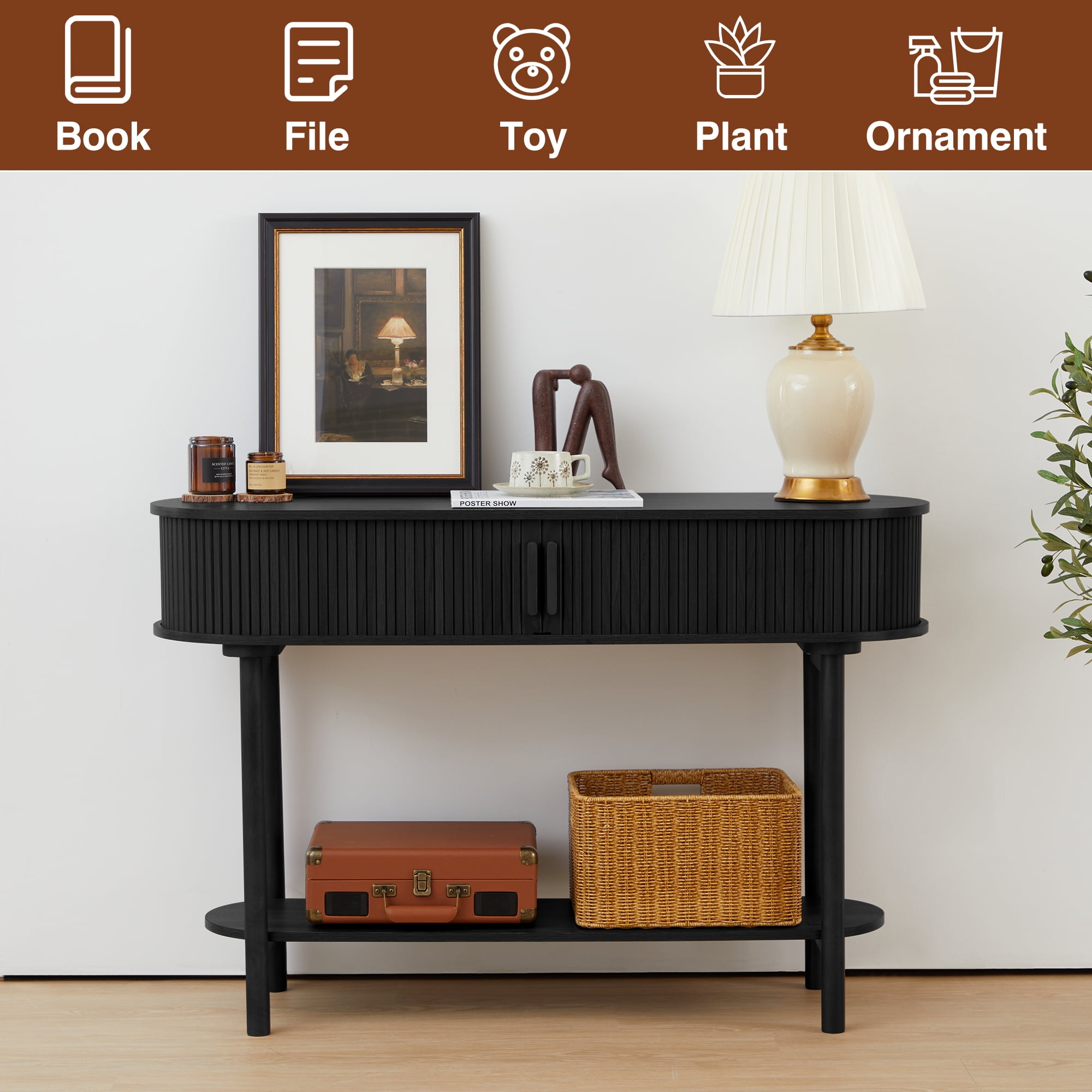 Wirrytor Black Console Table with Storage, Wood 2-Tier Modern Sofa Table for Living Room, Narrow Sofa Table with Sliding Door and Open Storage Shelf, Hallway Table and Couch Table Behind Sofa