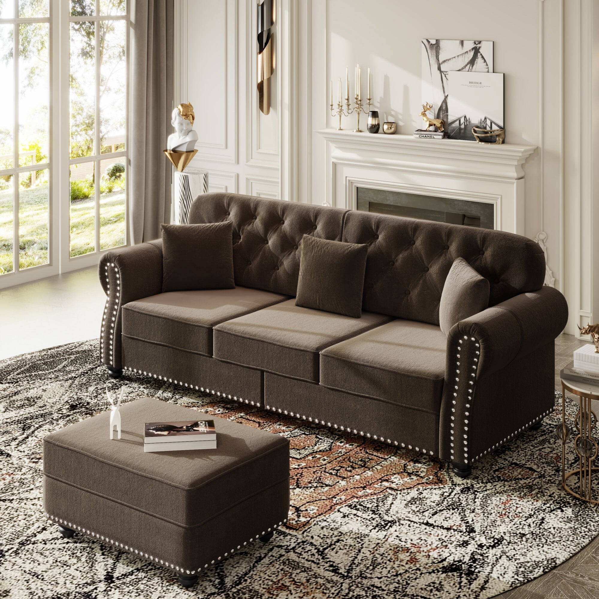 DEALTOPS 82.6 Inch Reversible Chesterfield Velvet Sectional Sofa Couch with Ottoman, Tufted Nailhead Trim, Brown