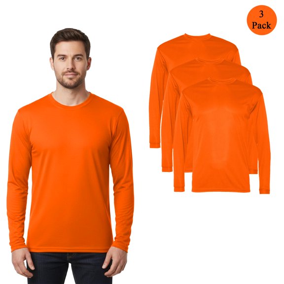 C2 Sport Mens Performance Long Sleeve T-Shirt, Durable Crewneck Hi-Vis Safety Orange Tee 3-Pack S