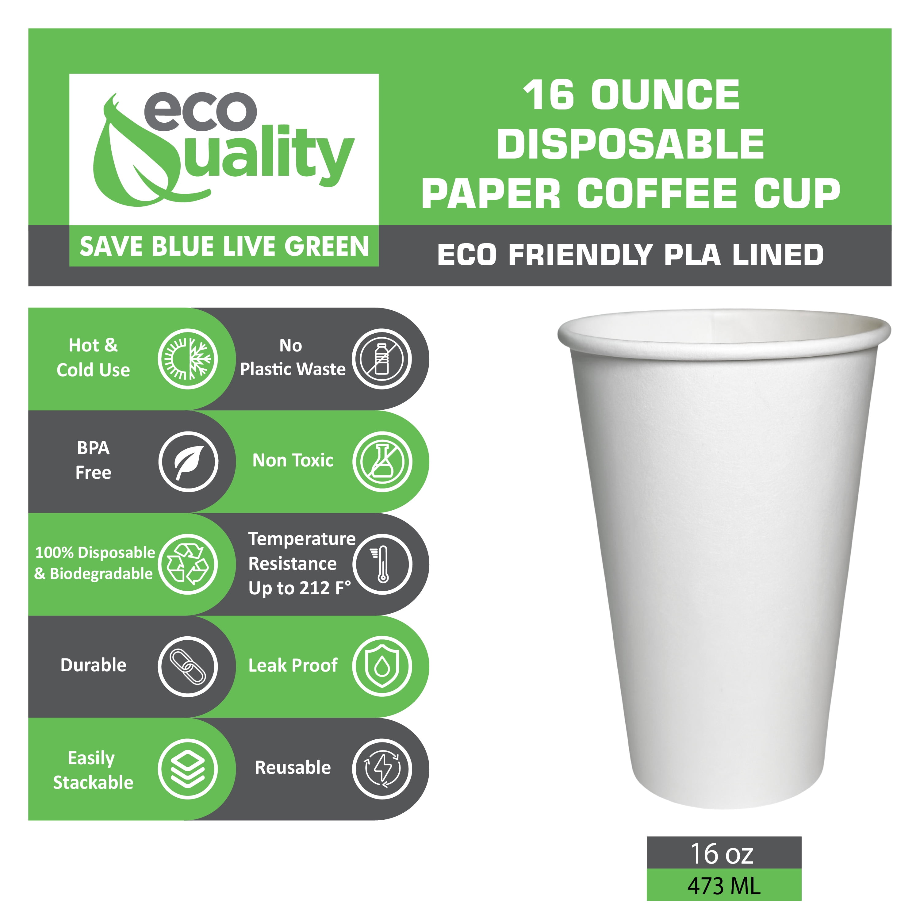 ECODESIGN-US 16 Ounce Disposable Paper Coffee Hot Cups with Black Lids - 50 Sets - Coffee Latte Macchiato to Go Large Portion