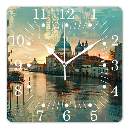 10 Inch Wall Clock Battery Operated Square Clock for Office, Kitchen, Outdoor, Living Room,Italy Starry Night Sunset Venice Delicate