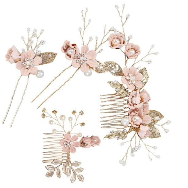 Minnieouse 4 piezas de peinetas de flores para boda, hermosos tocados de novia, adorno de vestir para mujer, accesorio de joyería de moda Accesorio para el cabello Rosado