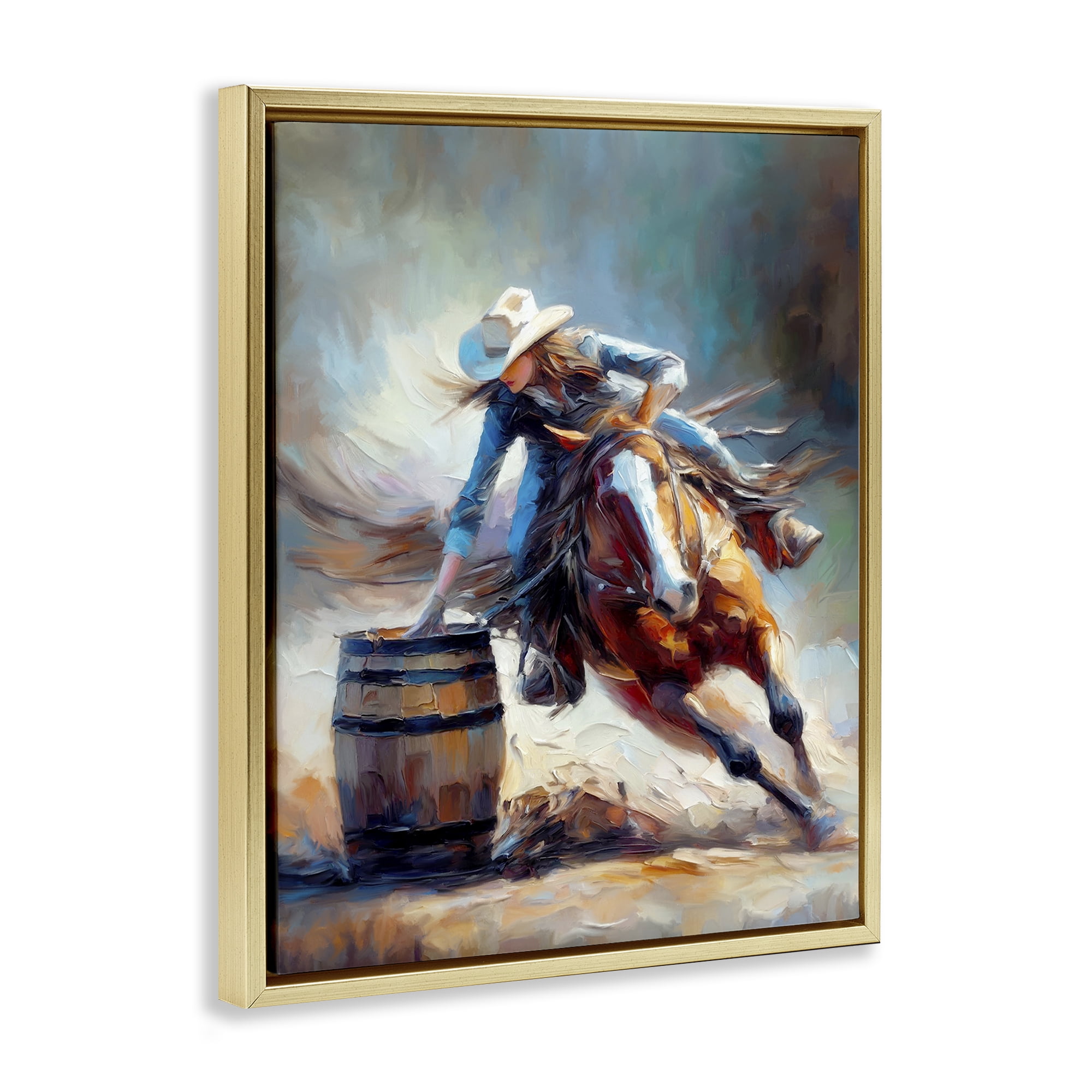 Stupell Industries Barrel Racer Cowgirl Novelty Painting Gold Floater Framed Canvas Art Print Wall Art, 25 x 31