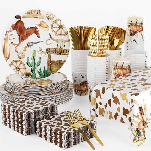 141Pcs Western Cowboy Birthday Party Decorations for 20 Guests - Wild West Cowboy Rodeo Supplies Party Plates and Napkins Forks Cups Straws Tablecloth for Baby Shower Birthday Decorations C113