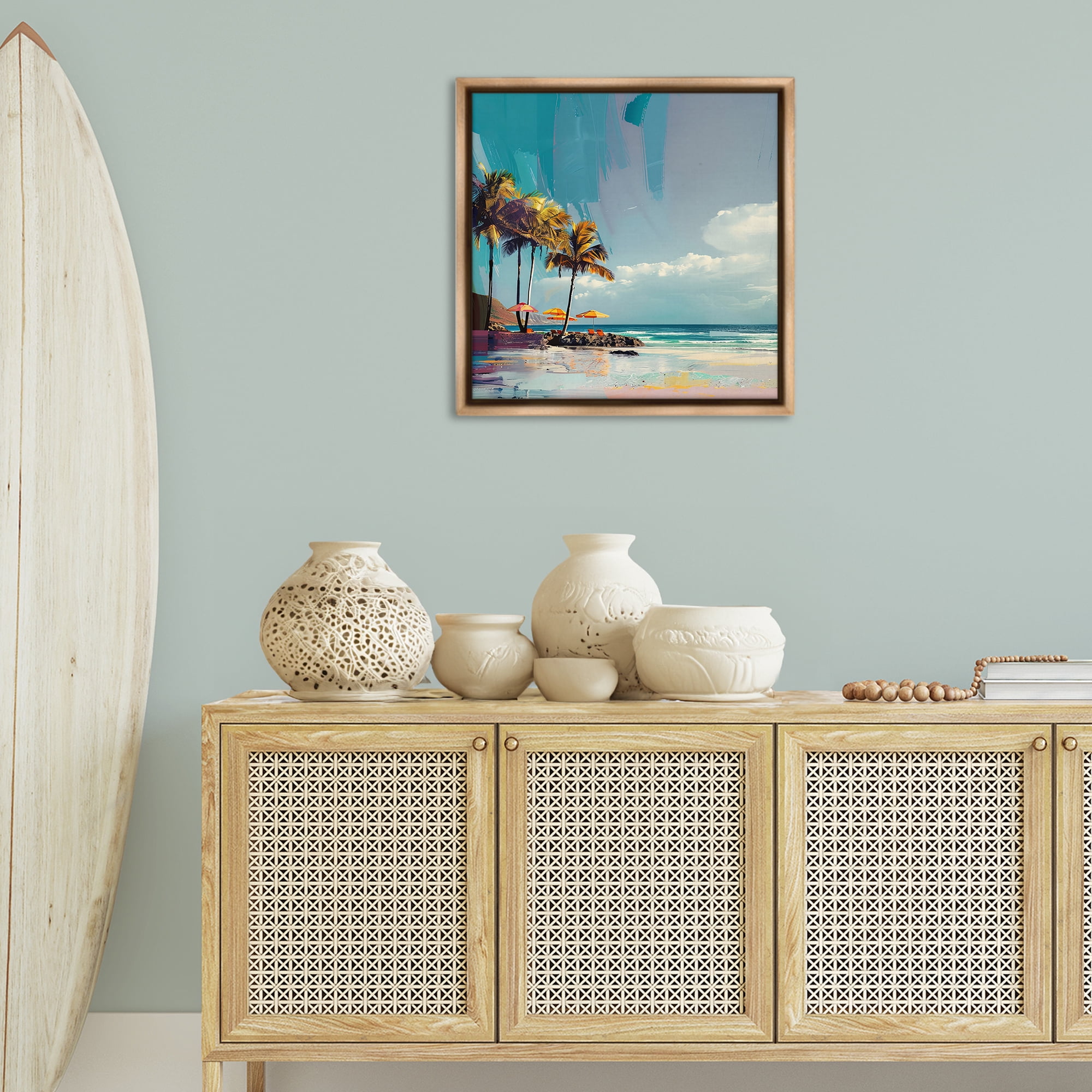 Stupell Industries Contemporary Shoreline in Summer Nautical & Beach Painting Brown Floater Framed Canvas Art Print Wall Art, 25 x 25