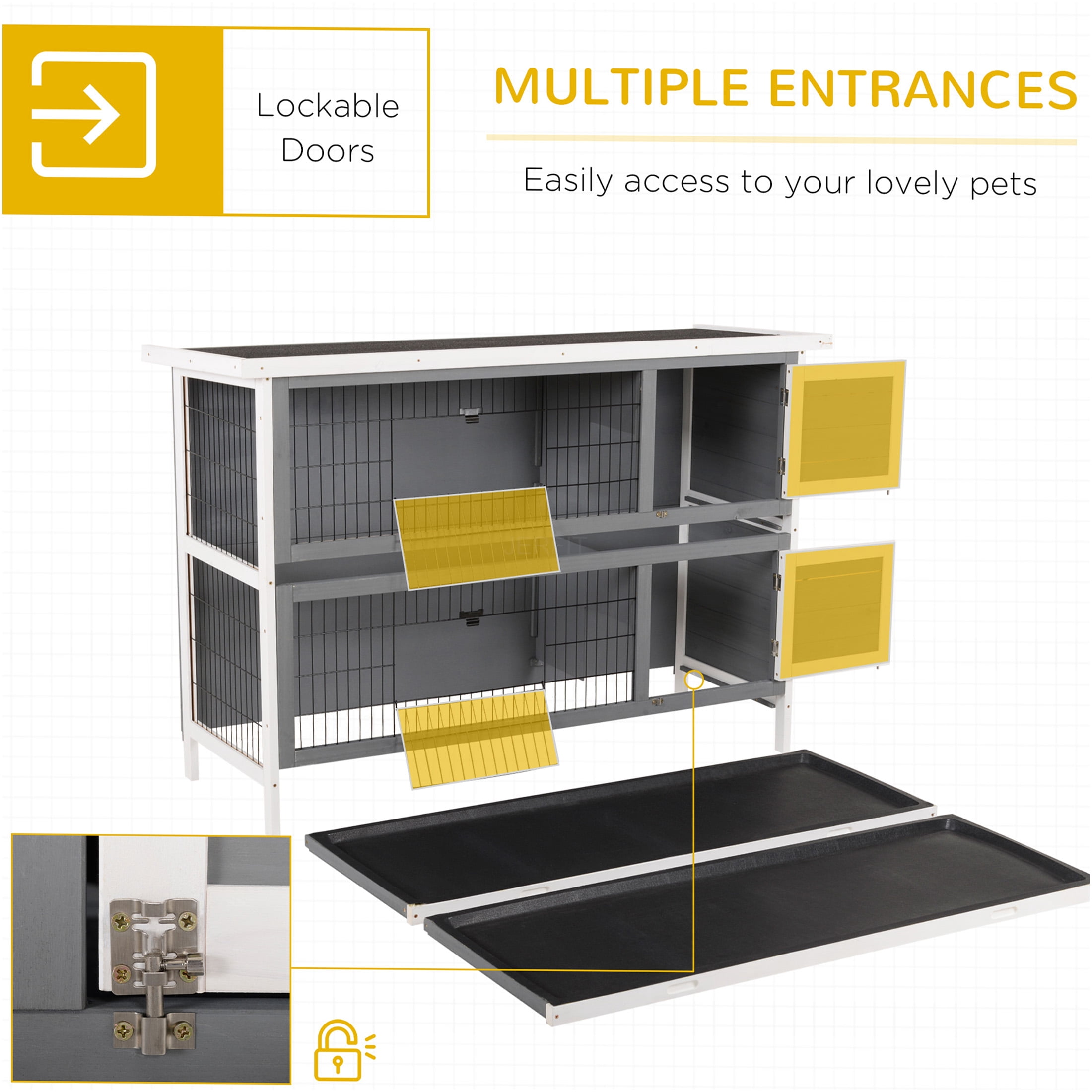 JERFIT 54 Inch Large 2-Story Rabbit Hutch with Waterproof Roof, Leak-Proof Tray & Lockable Doors, Outdoor Indoor Wooden Bunny Cage House for Small Animals, Gray