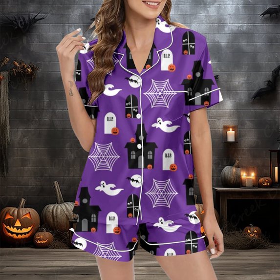 Bibifish Womens Halloween Pajama Set Fall Satin Printed Short Sleeve Top Shorts 2 Piece Outfit Holiday Cozy Nightwear