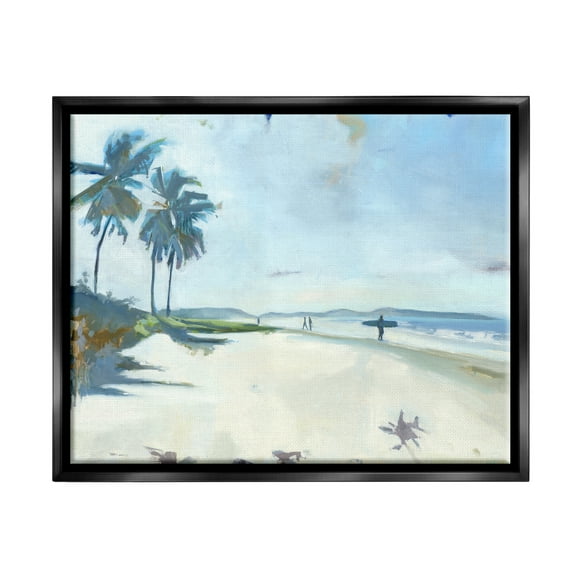 Stupell Industries Tropical Blue Beach Scene Surfers Coastal Painting Black Floater Framed Art Print Wall Art