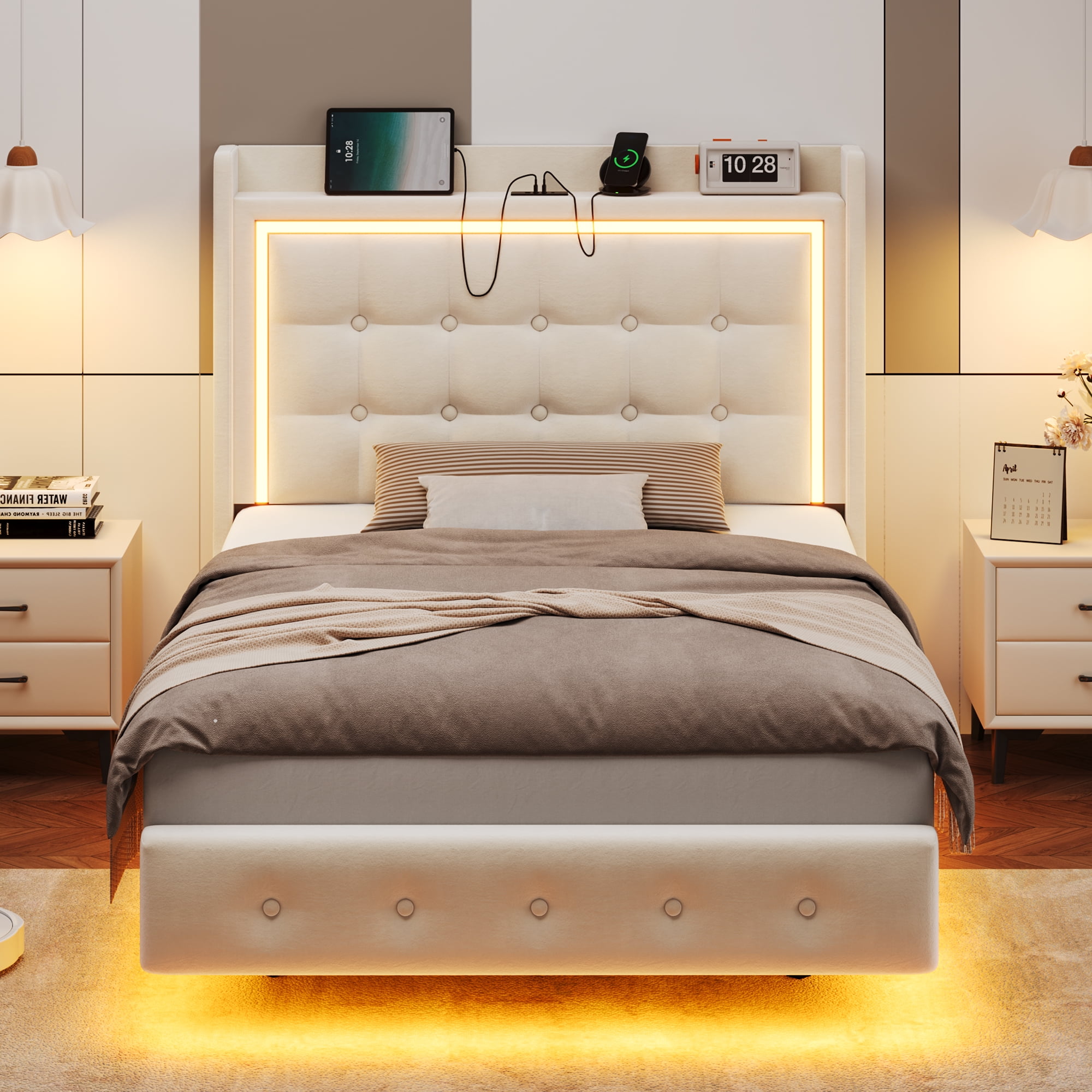 Homfa Twin Size Floating Bed Frame with RGB LED Lights Charging Station, Modern Velvet Upholstered Platform Bed Frame with Storage Headboard, Off-White