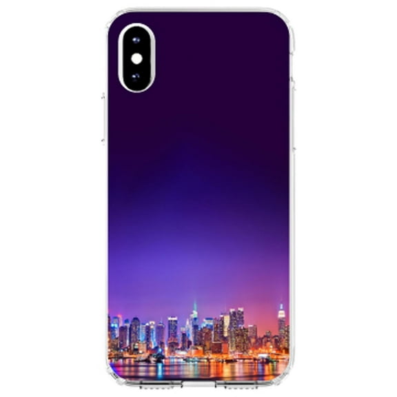 DistinctInk Clear Shockproof Hybrid Case for iPhone XR (6.1" Screen) - TPU Bumper, Acrylic Back, Tempered Glass Screen Protector - New York Skyline Night - The Big Apple