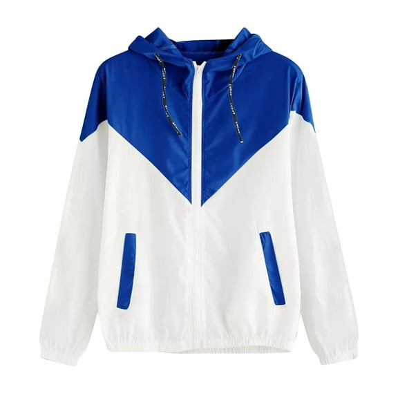 Ecqkame Women's Color Block Hooded Jackets Fall Casual Zip Up Lightweight Jacket Long Sleevedwindbreaker Jacket Blue L