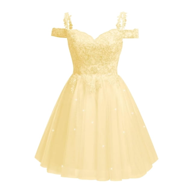 vestido de bienvenida sodigne con apliques de encaje en a, tul amarillo vestido de fiesta corto por encima de la rodilla en silueta línea A. Corpiño con escote corazón, hombros descubiertos y tirantes delgados con encaje floral y cuentas. Falda abombada de tul amarillo con pequeños puntos brillantes visibles. Espalda con cierre de cordones ajustable y brasier integrado. Fondo blanco de estudio.