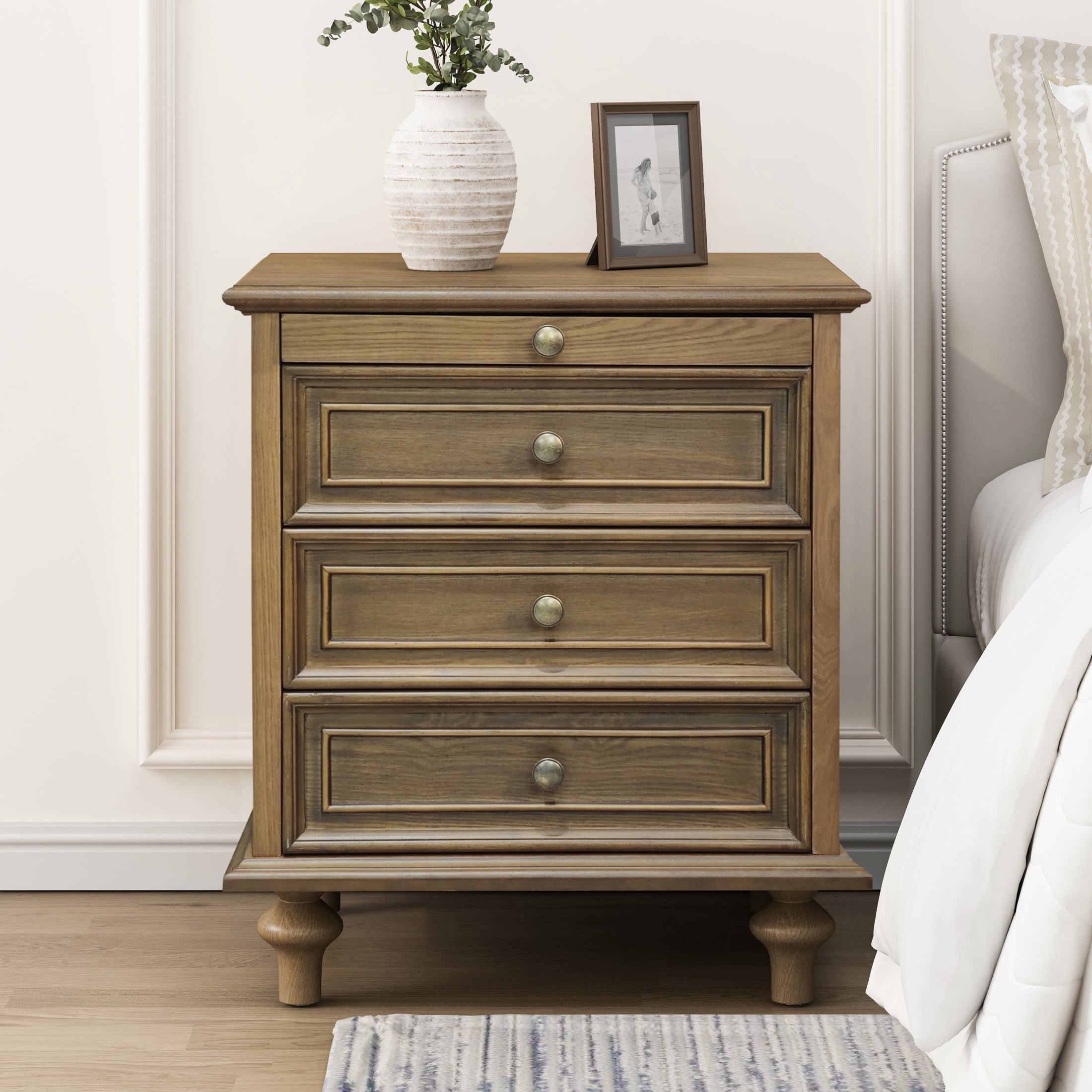 GDF Studio Farmhouse Nightstand with 3 Drawers & Pull-Out Tray, Solid Wood Legs, Light Brown