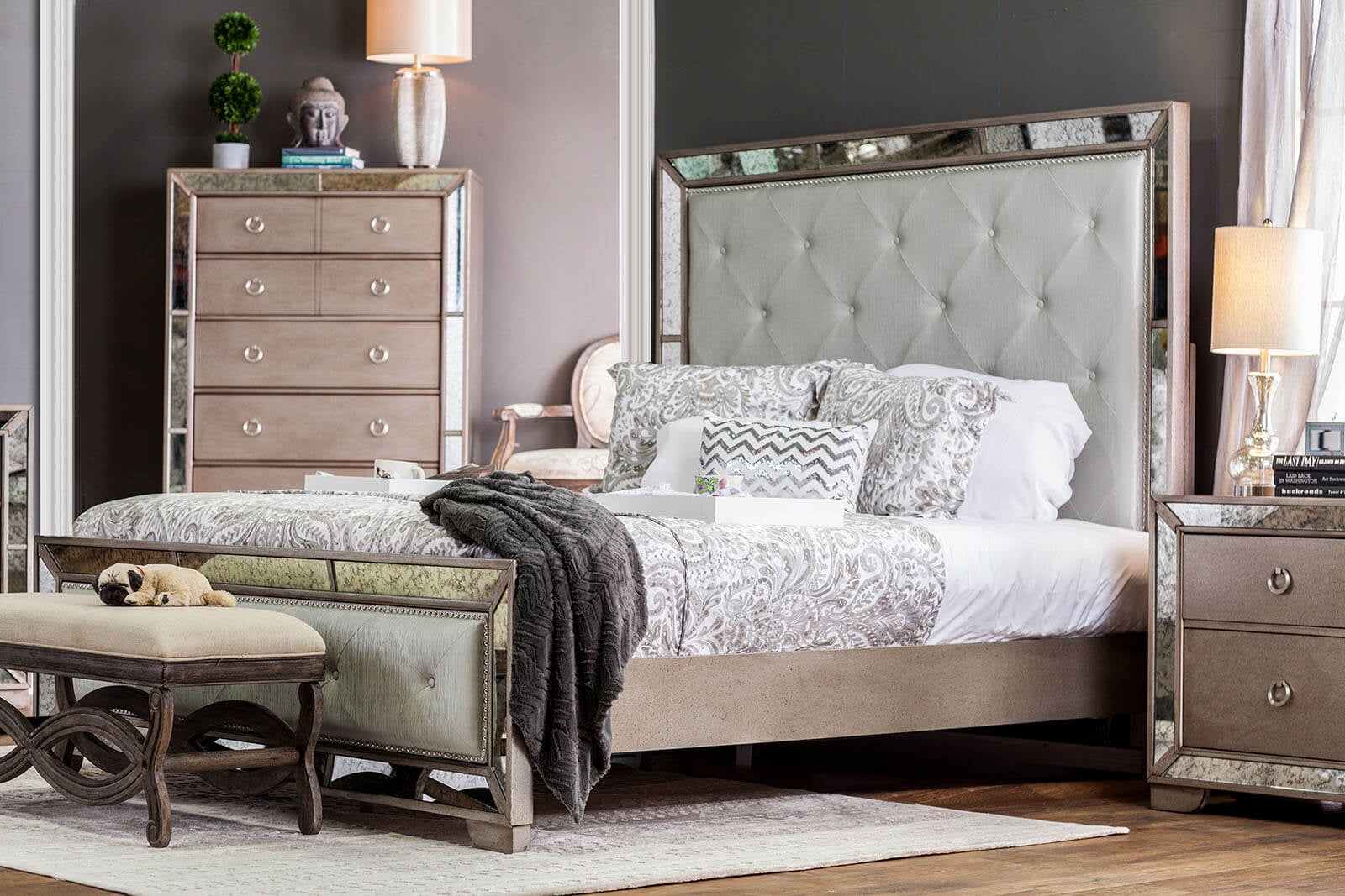 King bed with mirror headboard discount