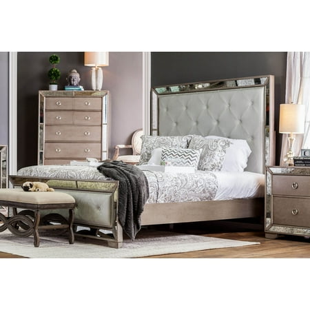 Queen Size Bed Champagne Finish Panel Mirror Headboard Footboard Silver Leatherette Upholstered Tufted Bedroom 1pc Furniture