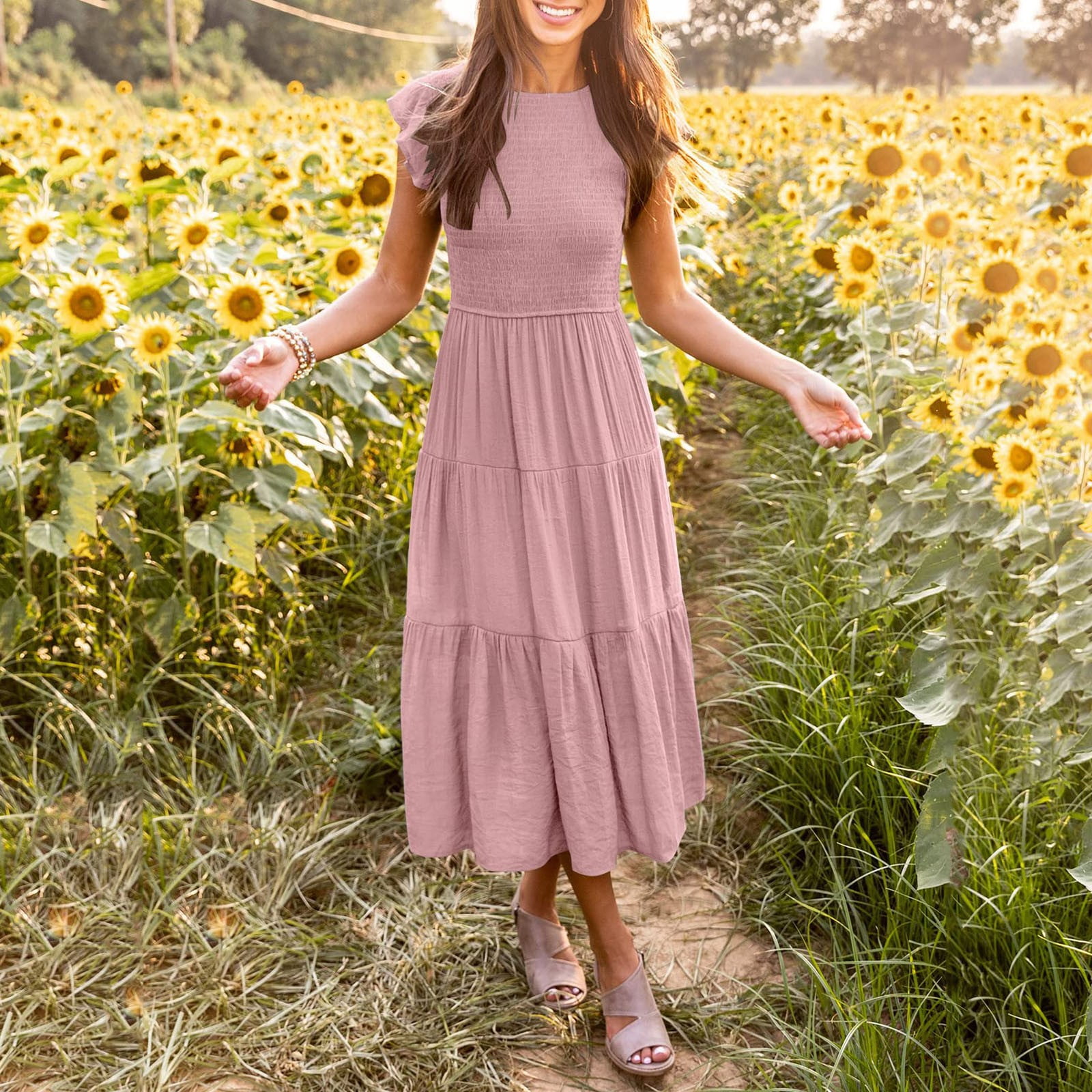 ZIZOCWA Knee Length Dress Casual Dress For Juniors Women Summer Casual  Dress Midi Maxi Dresses Boho -Tter Sleeves Smocked A Line Long Solid  Elegant Dress Short Floral Dresses For Women Casual -