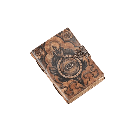 Handmade Vintage Leather Journal with All-Seeing Eye Design – 5x7” Notebook with 200 Deckle Pages, Antique Lock Closure, Rustic Writing Diary