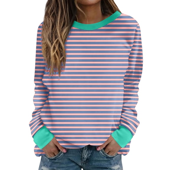 Oalirro Cute Long Sleeve Tops for Women Striped Print Round Neck Cute Tops for Women Fall and Winter Mint Green Shirt