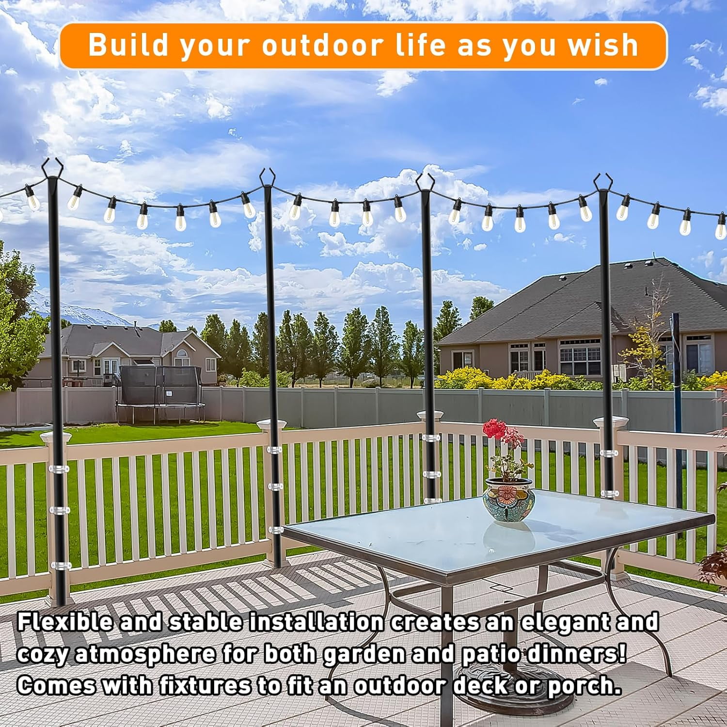 7 Pack 10 FT String Light Poles,Metal with Fork Lights Poles for Outdoor String Light, Rustproof Heavy Duty for Outside Garden,Patio,Wedding,Backyard,Deck,Party